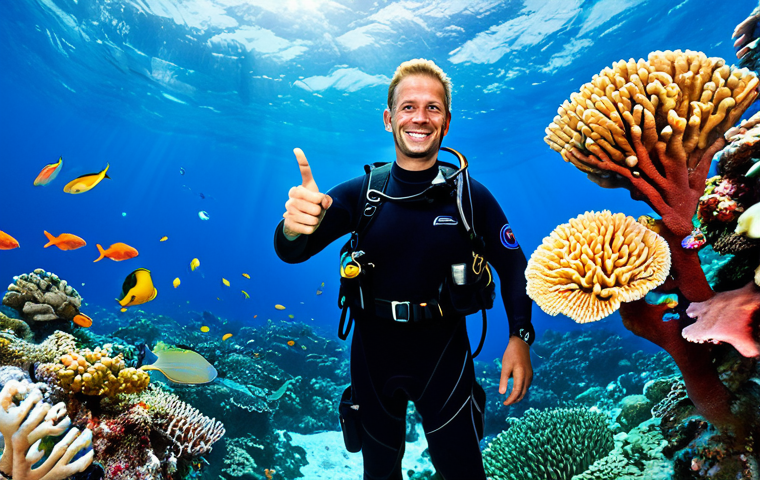 Independent Dive Instructor**
"A friendly, professional dive instructor, fully clothed in appropriate dive gear, smiling and pointing towards a vibrant coral reef teeming with colorful fish. Safe for work, appropriate content, perfect anatomy, natural proportions, professional scuba instructor in a tropical location, family-friendly."
**