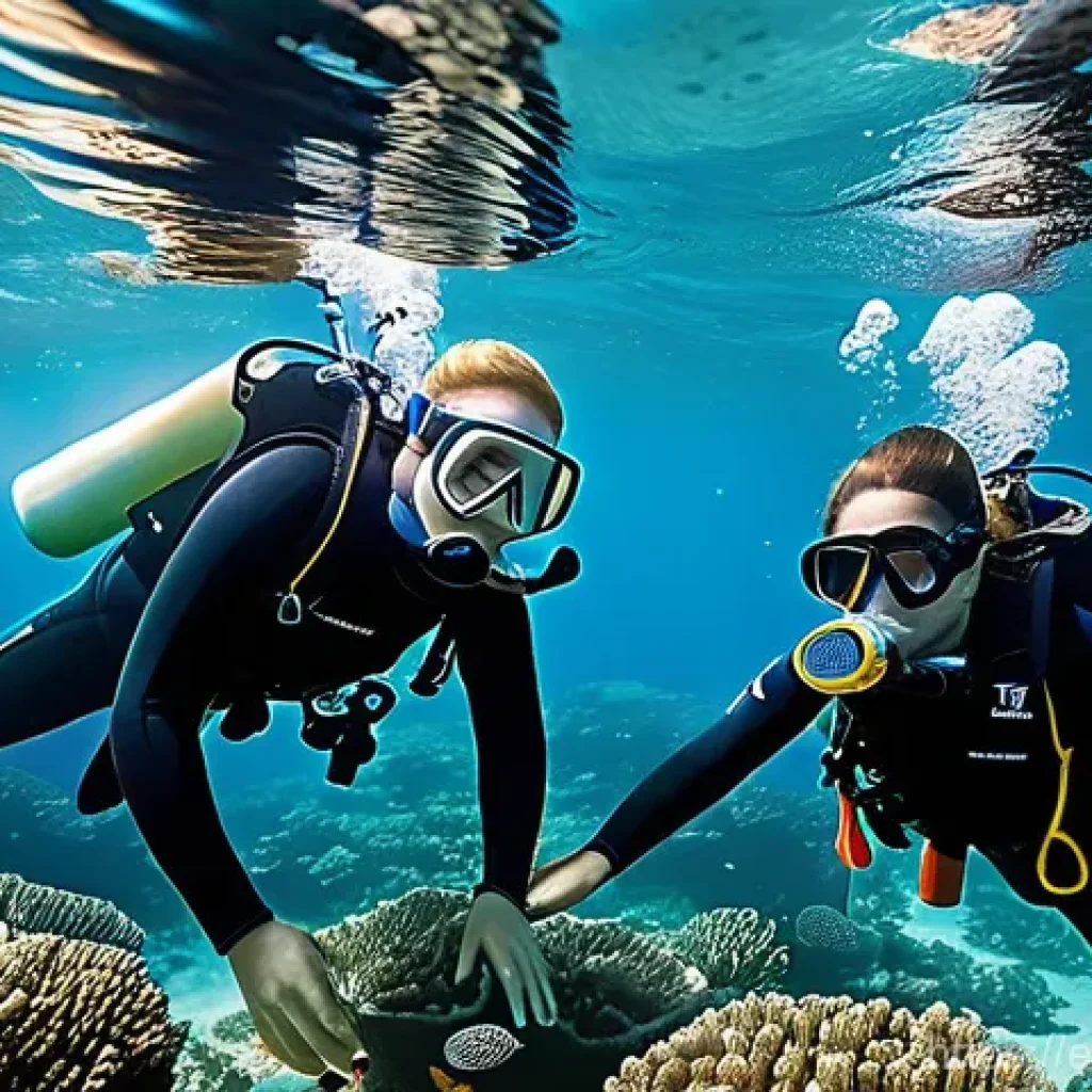 다이빙 강사 커리어의 미래 전망 - **"A vibrant underwater scene depicting a marine conservation dive. A female dive instructor, wearin...