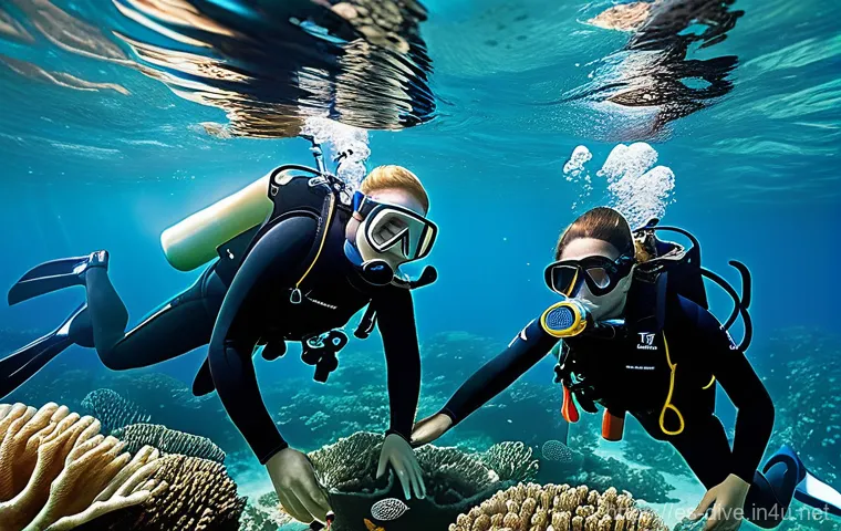 다이빙 강사 커리어의 미래 전망 - **"A vibrant underwater scene depicting a marine conservation dive. A female dive instructor, wearin...