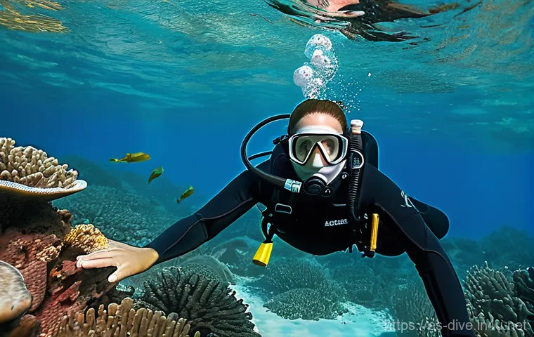 다이빙 강사 실무를 위한 현장 경험 - **Underwater Connection and Reassurance:**
"A female scuba instructor, approximately 30-40 years...