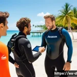 Home 19 다이빙 강사 자격증 간 비교 - A professional scuba diving instructor teaching a diverse group of adult students in a tropical reso...
