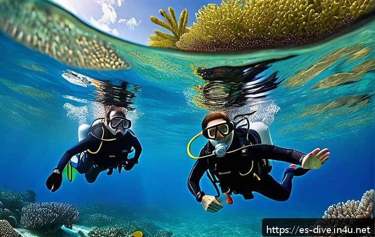 다이빙 강사로서의 스페셜 코스 교육 - A professional scuba diving instructor leading a diverse group of students underwater near a vibrant...
