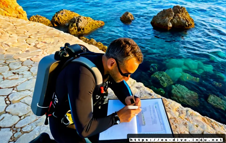 다이빙 강사 자기계발 방법 - Photorealistic scuba diving instructor reviewing underwater navigation skills beside a calm Mediterr...